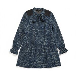 Cynthia Steffe Navy Tie Neck Babydoll Long Sleeve Patterned Mini Dress Size 6